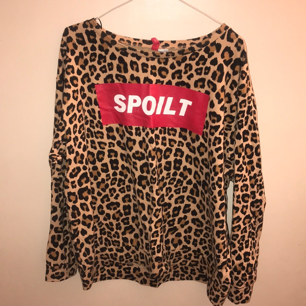 Leopard print pullover sweater with red logo